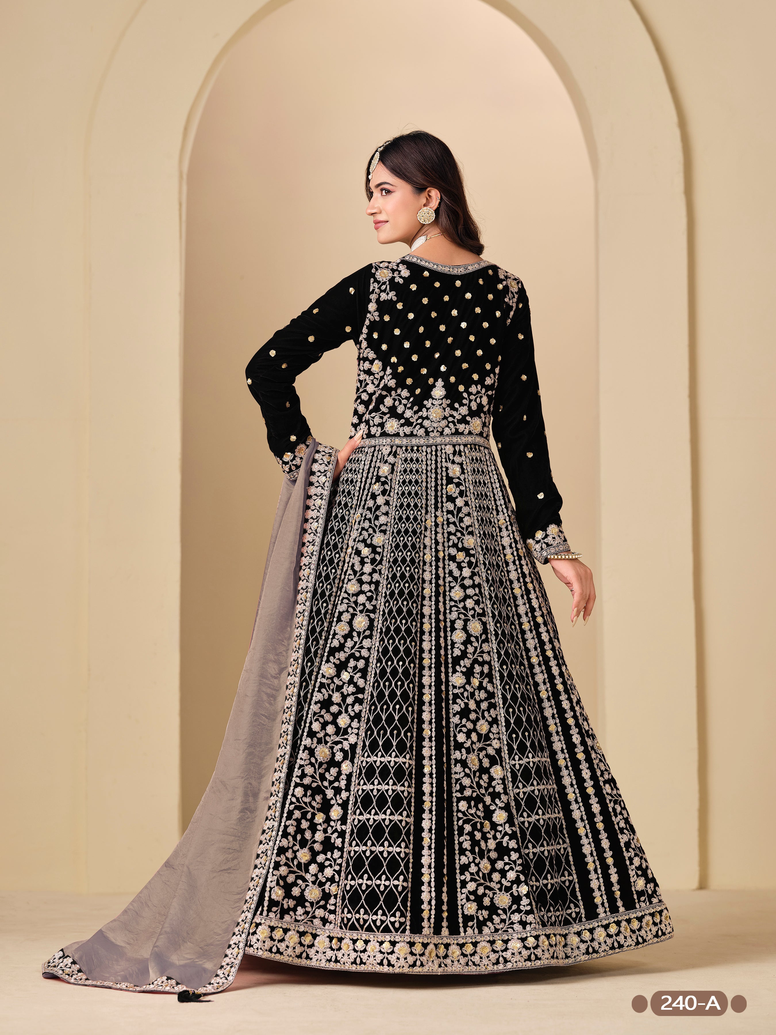 Black Pure Soft 9000 Velvet Heavy Embroidery Work Long Anarkali Gown