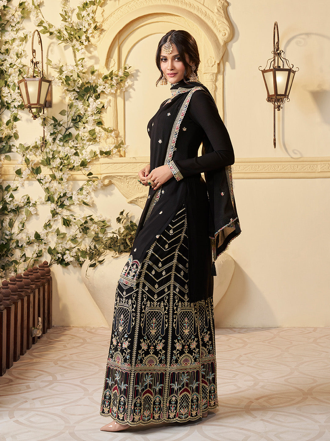 Designer black ethnic suit with embroidered kurta and sharara