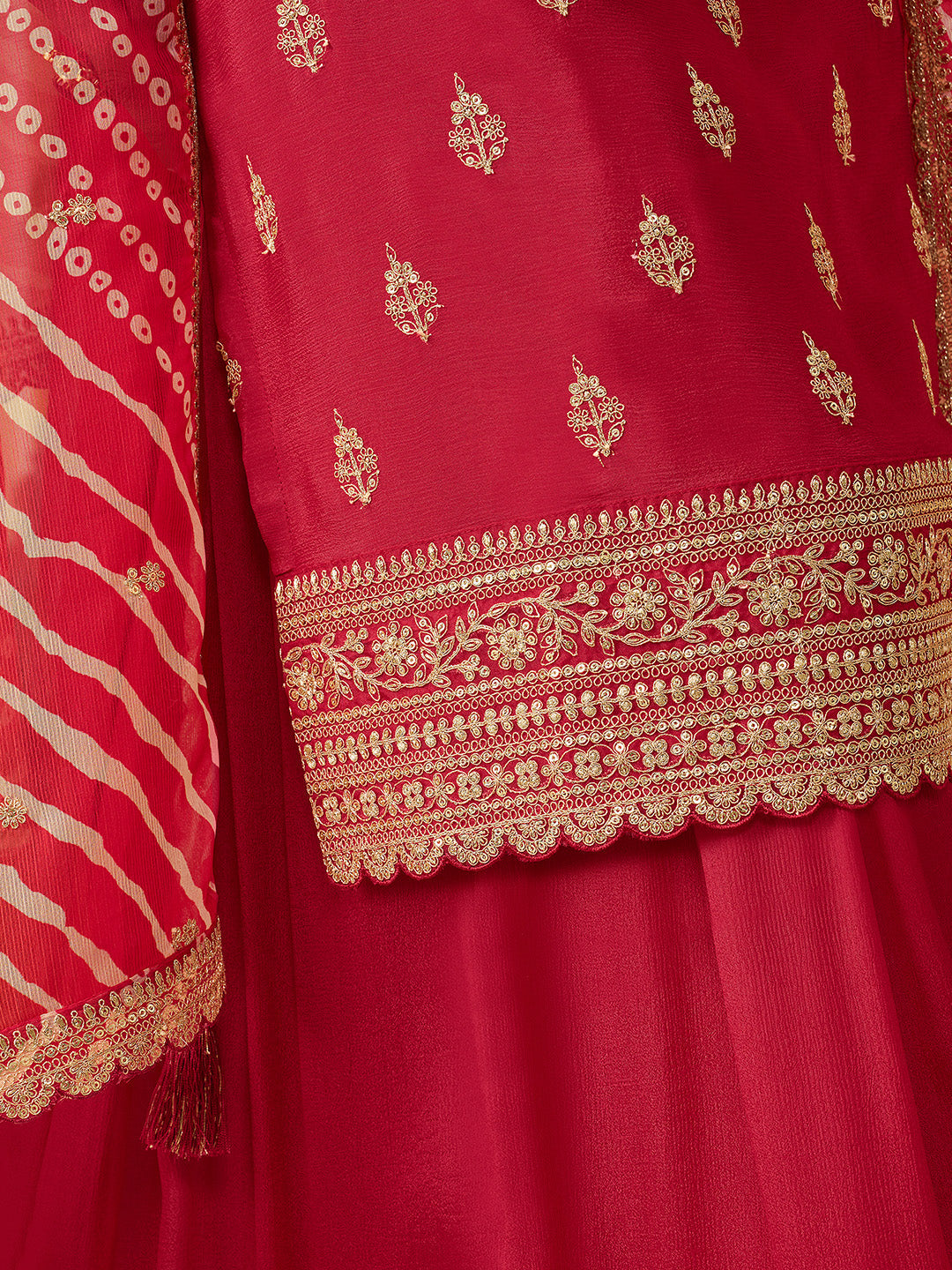 Designer red sharara suit with heavy embroidered border