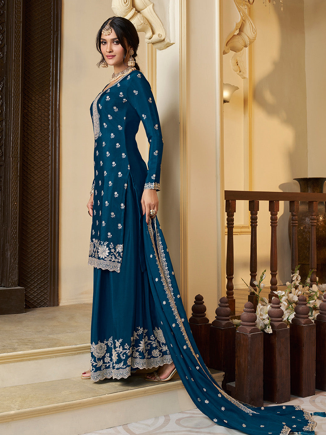 Full sleeve embroidered kurta with matching sharara and dupatta