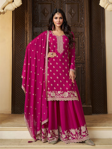 Rani pink sharara suit with white thread embroidery