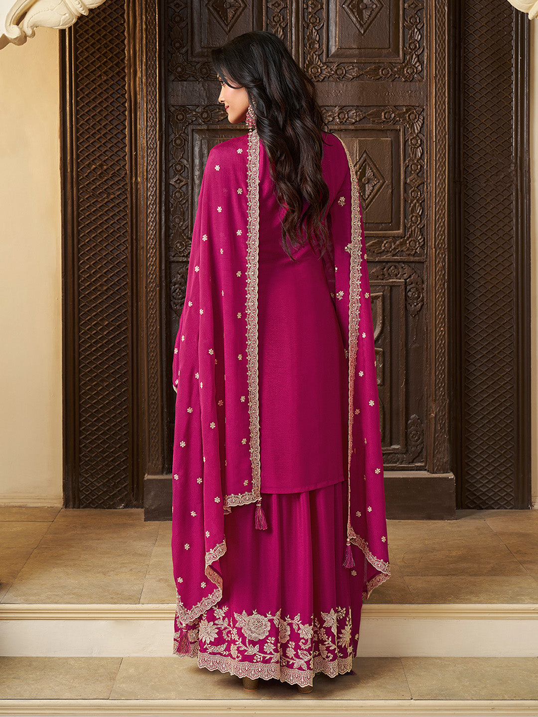 Elegant pink sharara suit with sequin and thread work