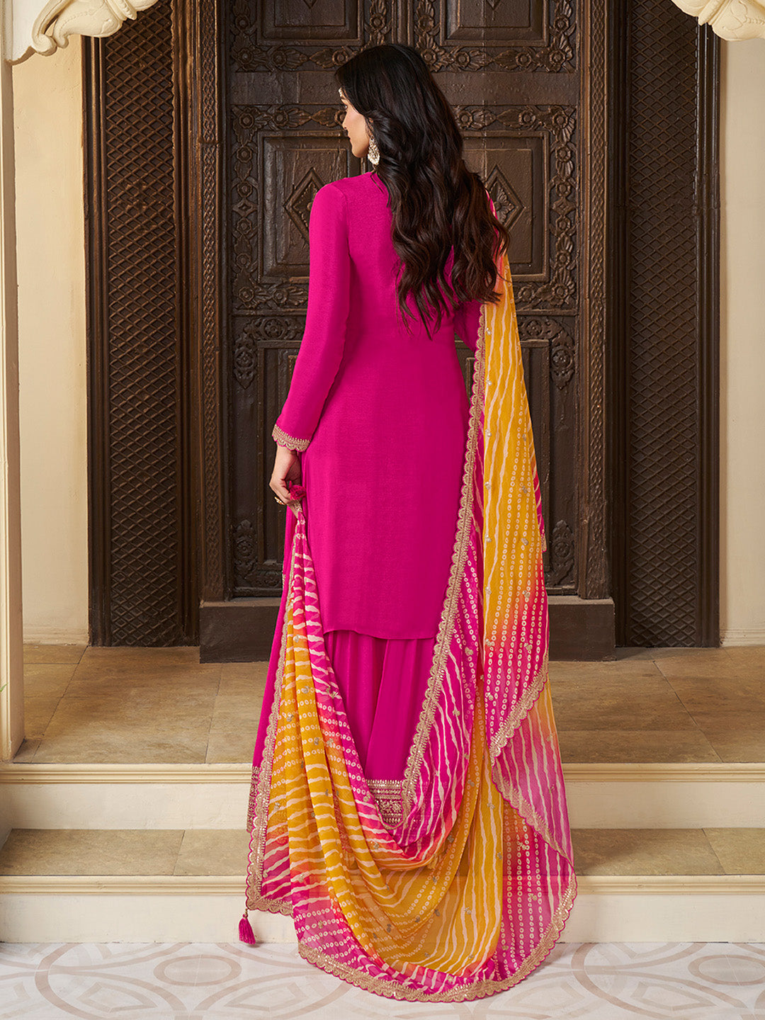 Rani Pink Chinon Sharara Suit Set with Sequins Embroidery