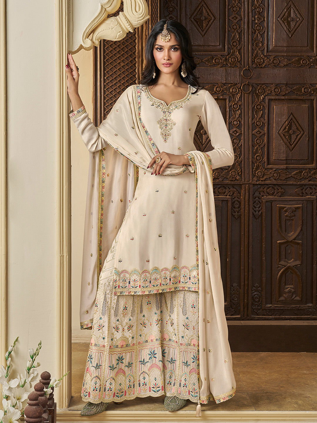 Cream chinon sharara suit with multicolor embroidery