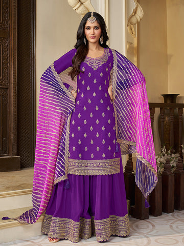 Purple Chinon sharara suit with Bandhej dupatta and sequin embroidery