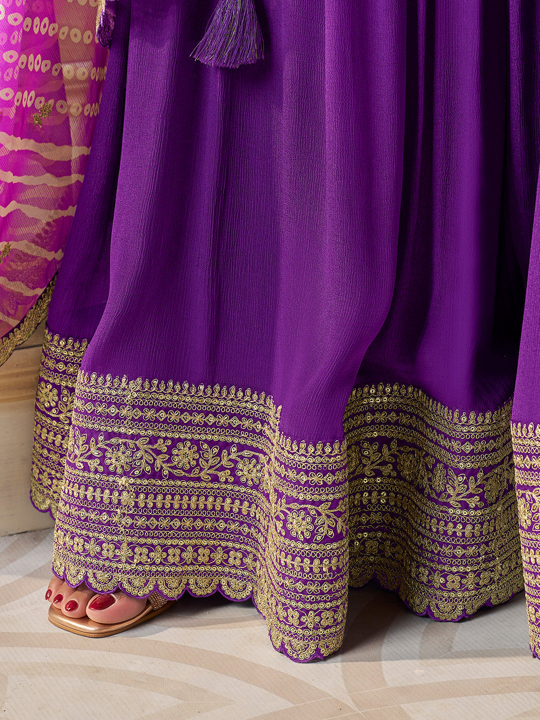 Traditional purple sequin sharara suit with scalloped dupatta border