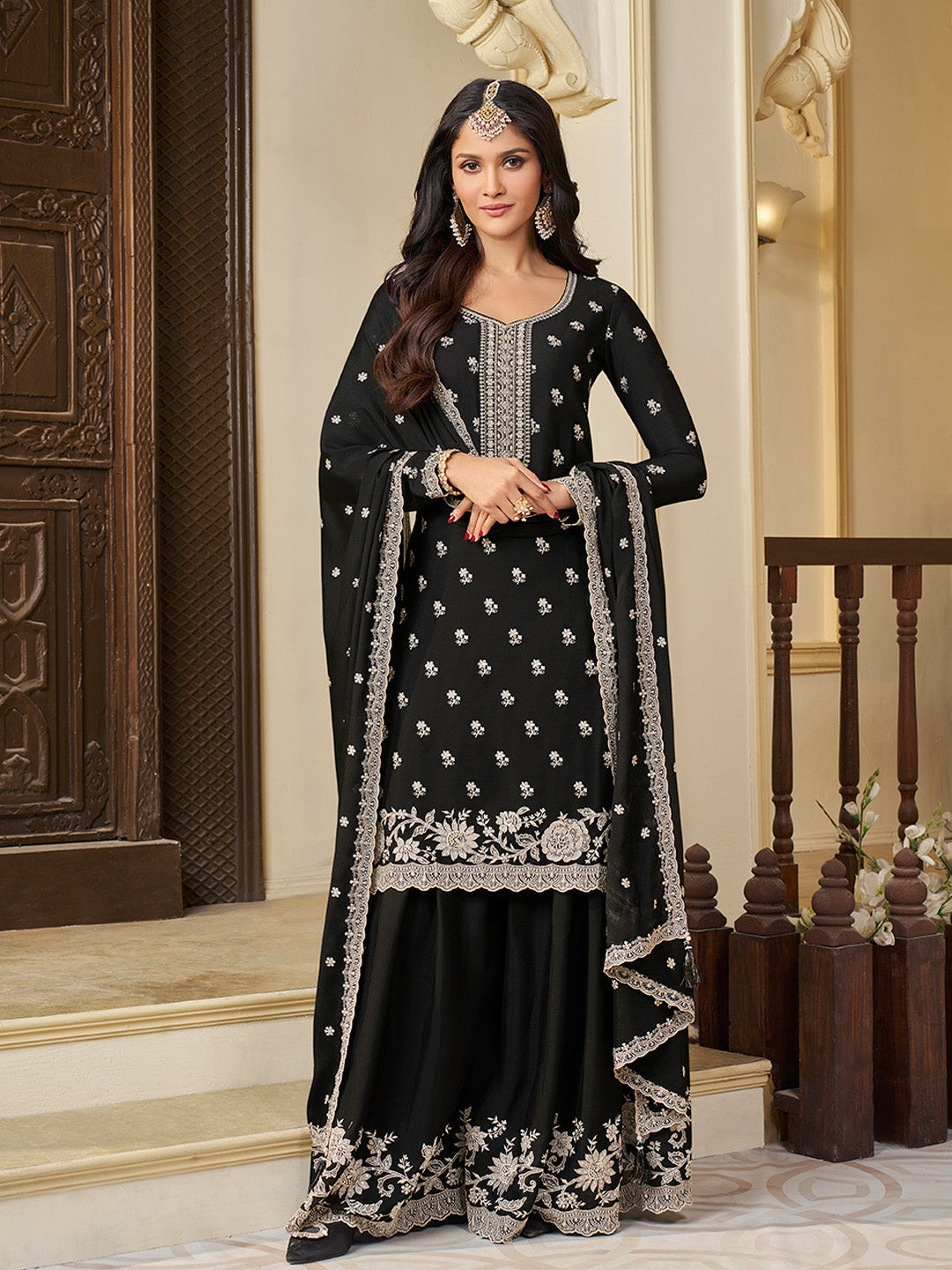 Black Chinon sharara suit with white thread embroidery