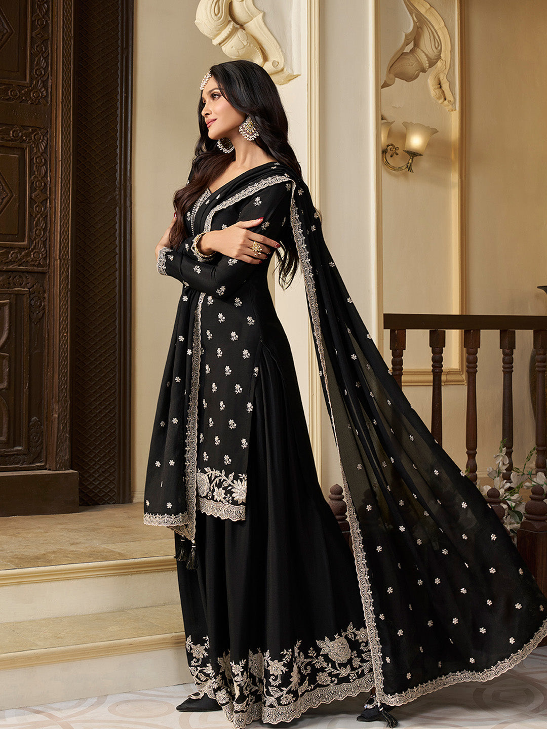Embroidered black ethnic suit for weddings and parties
