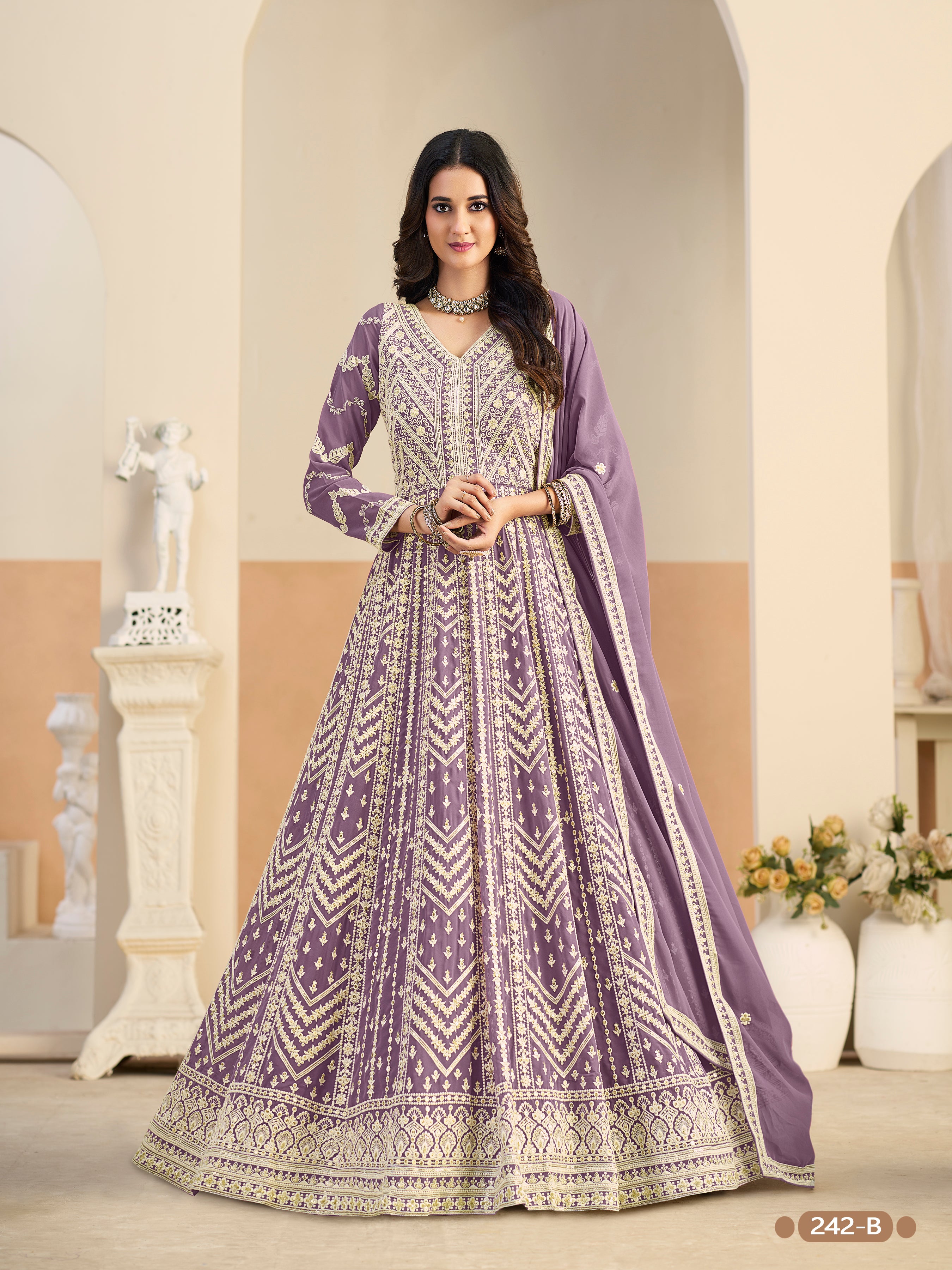 Pastle Purple Pure Soft Faux Georgette Heavy Embroidery Work Long Anarkali Gown