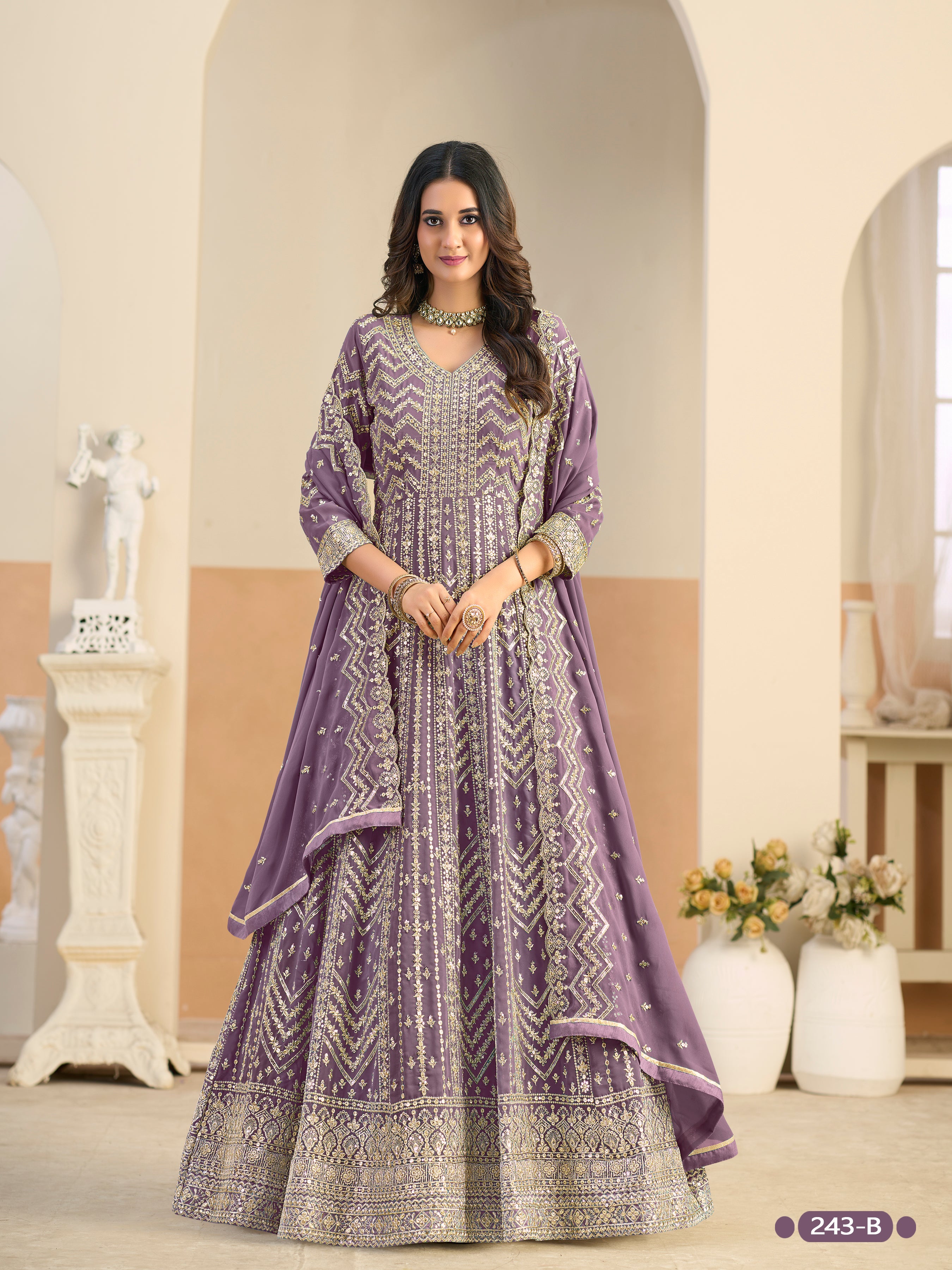 Pastle Purple Pure Soft Faux Georgette Heavy Embroidery Work Long Anarkali Gown