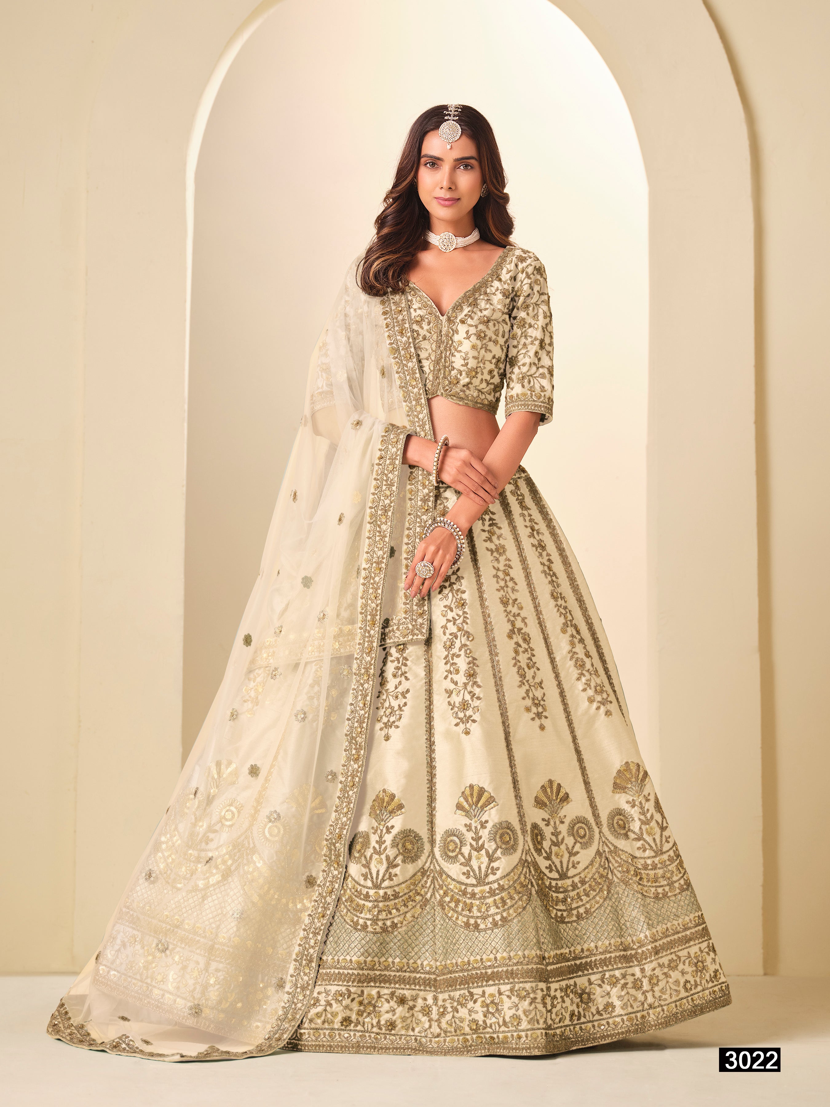 White Pure Soft Art Silk Heavy Embroidery Work Bridal Lehenga