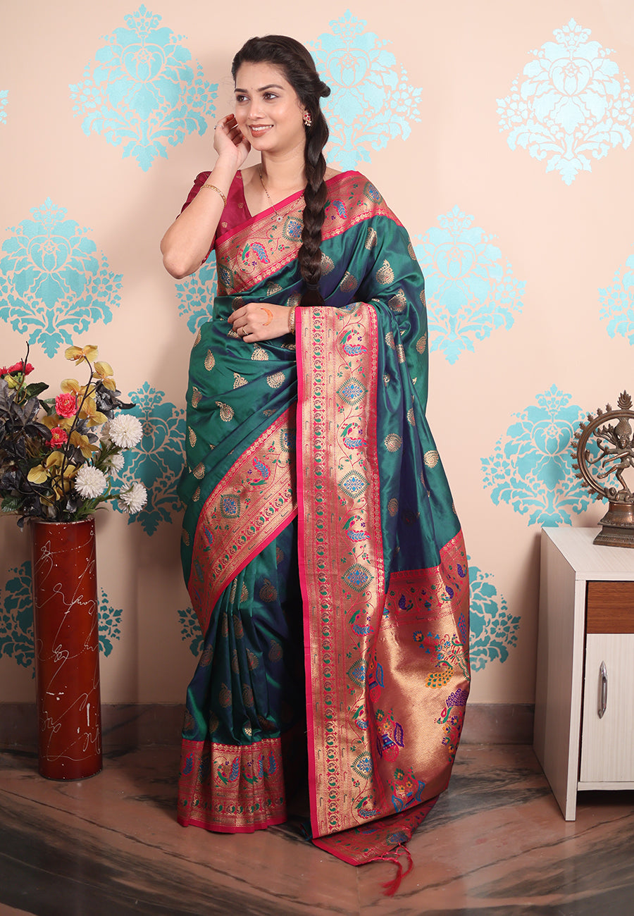 Green Zari Woven Peacock Paithani Silk Saree Paithani Saree Anant Tex Exports Pvt.Ltd..