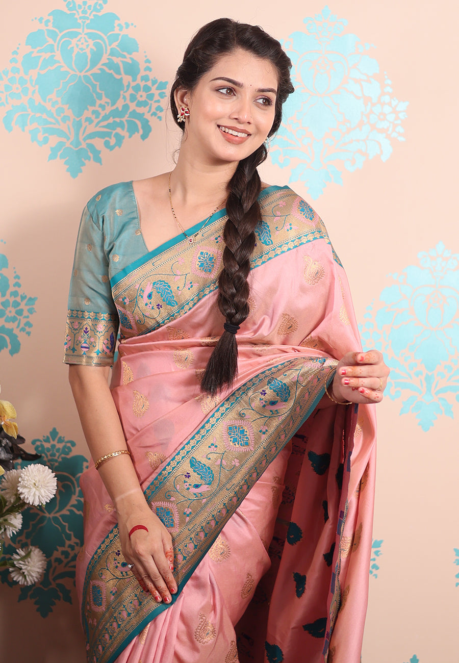 Baby Pink Zari Woven Peacock Paithani Silk Saree Paithani Saree Anant Tex Exports Pvt.Ltd..