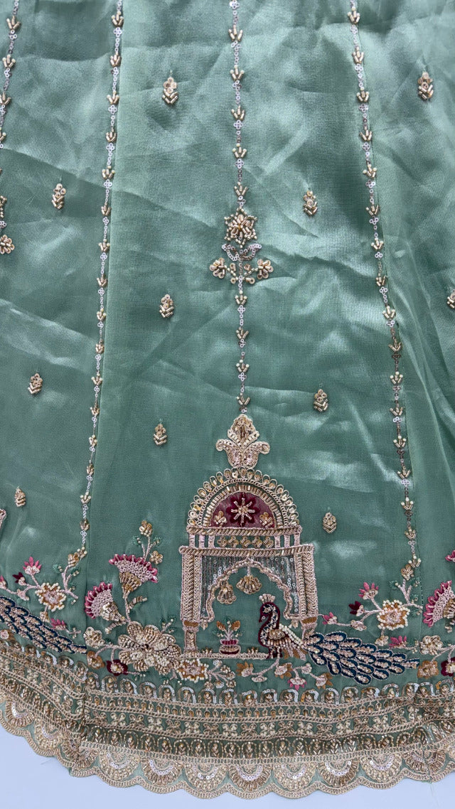 Pista Pure Chandnia Silk Handwork Motif Peacock Pattern Crystal Beads Multi Thread Dori & Sequins Work Bridal Lehenga Choli