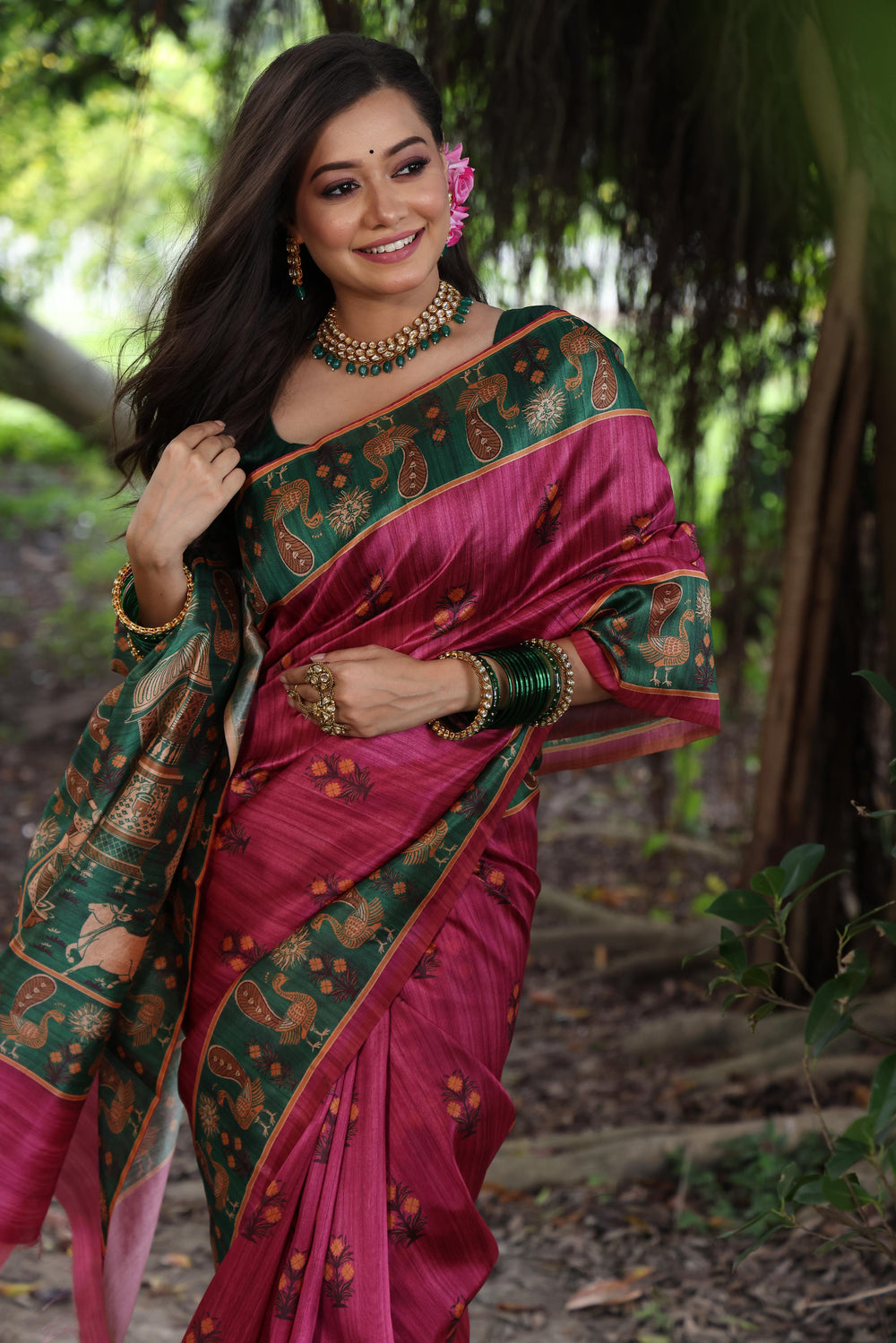 Pink Pure Soft Tussar Silk with Kalamkari Printed Tussar Saree Tussar Saree Anant Tex Exports Pvt.Ltd..
