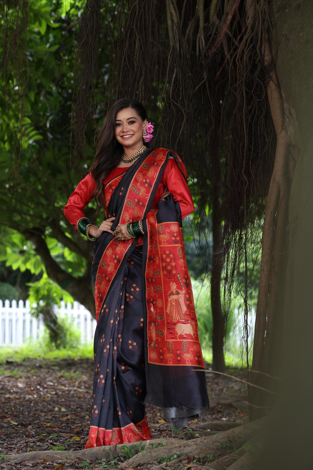 Black Pure Soft Tussar Silk with Kalamkari Printed Tussar Saree Tussar Saree Anant Tex Exports Pvt.Ltd..