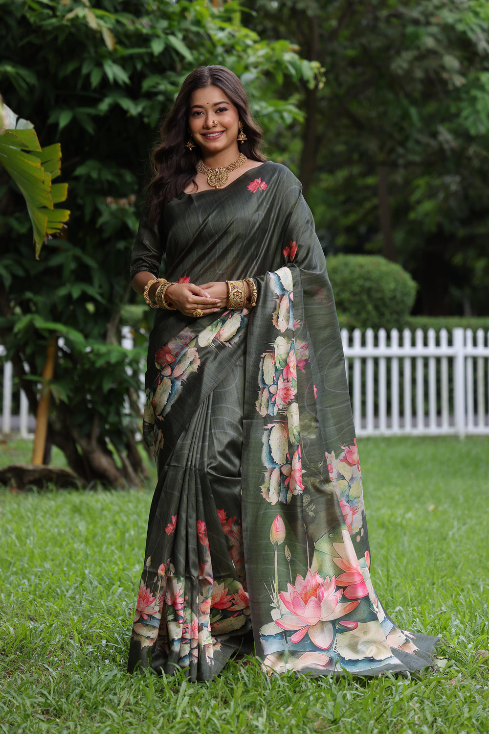 Mahendi Pure Soft Tussar Silk with Lotus Print Tussar Saree Tussar Saree Anant Tex Exports Pvt.Ltd..