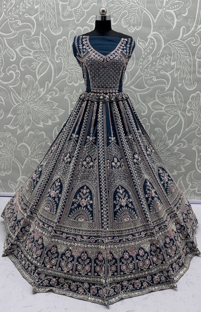 Midnight Blue Pure Soft Satin Silk Heavy Embroidery Work Bridal Lehenga