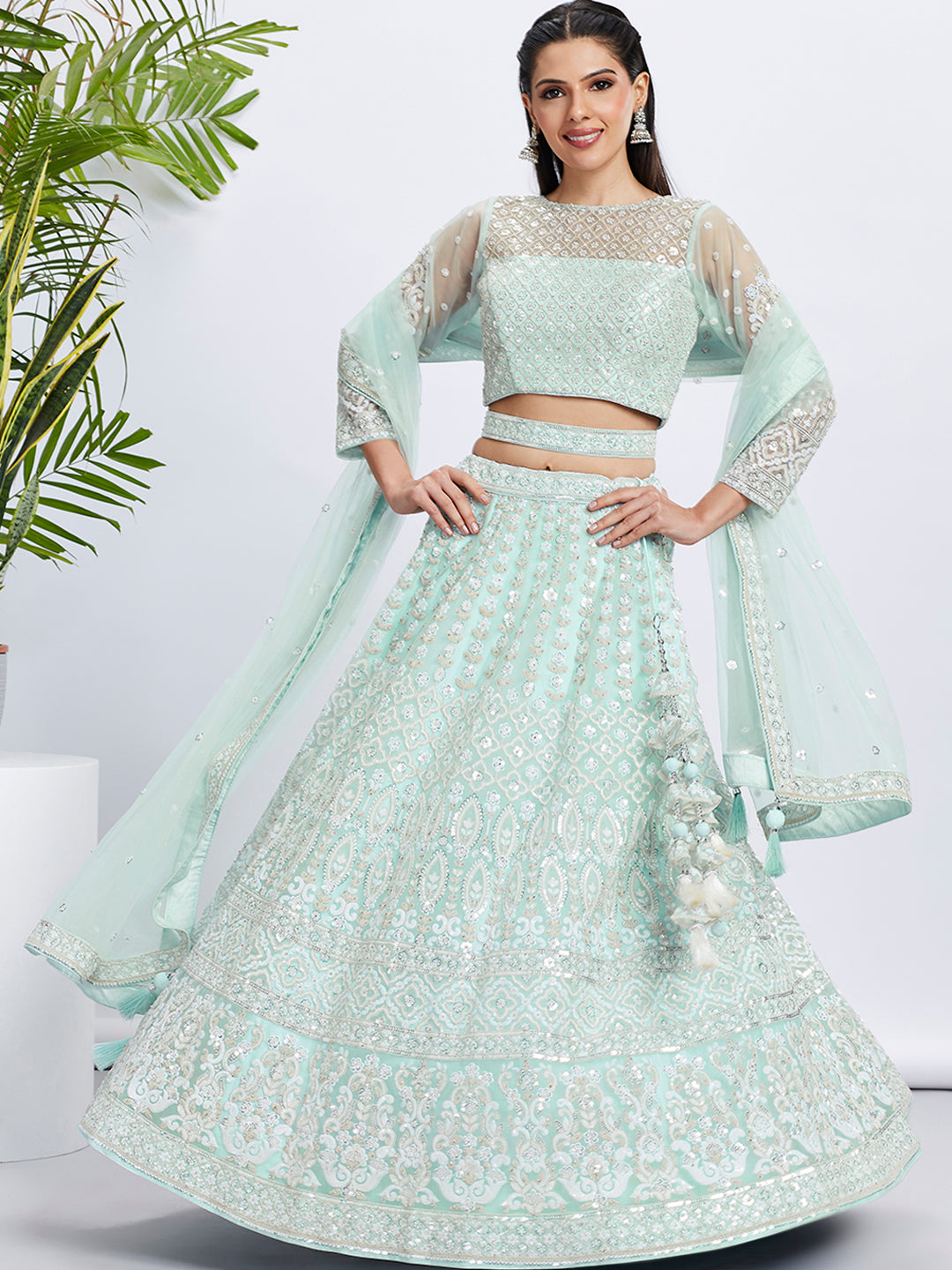 Turquoise blue Net Sequins and Thread Embroidery Lehenga Choli & Dupatta