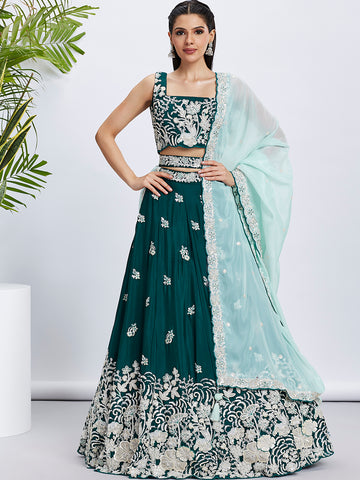 Green Georgette Sequins Thread Embroidery Lehenga Choli & Dupatta