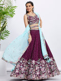Burgundy Chiffon Sequins Thread Embroidery Lehenga Choli & Dupatta