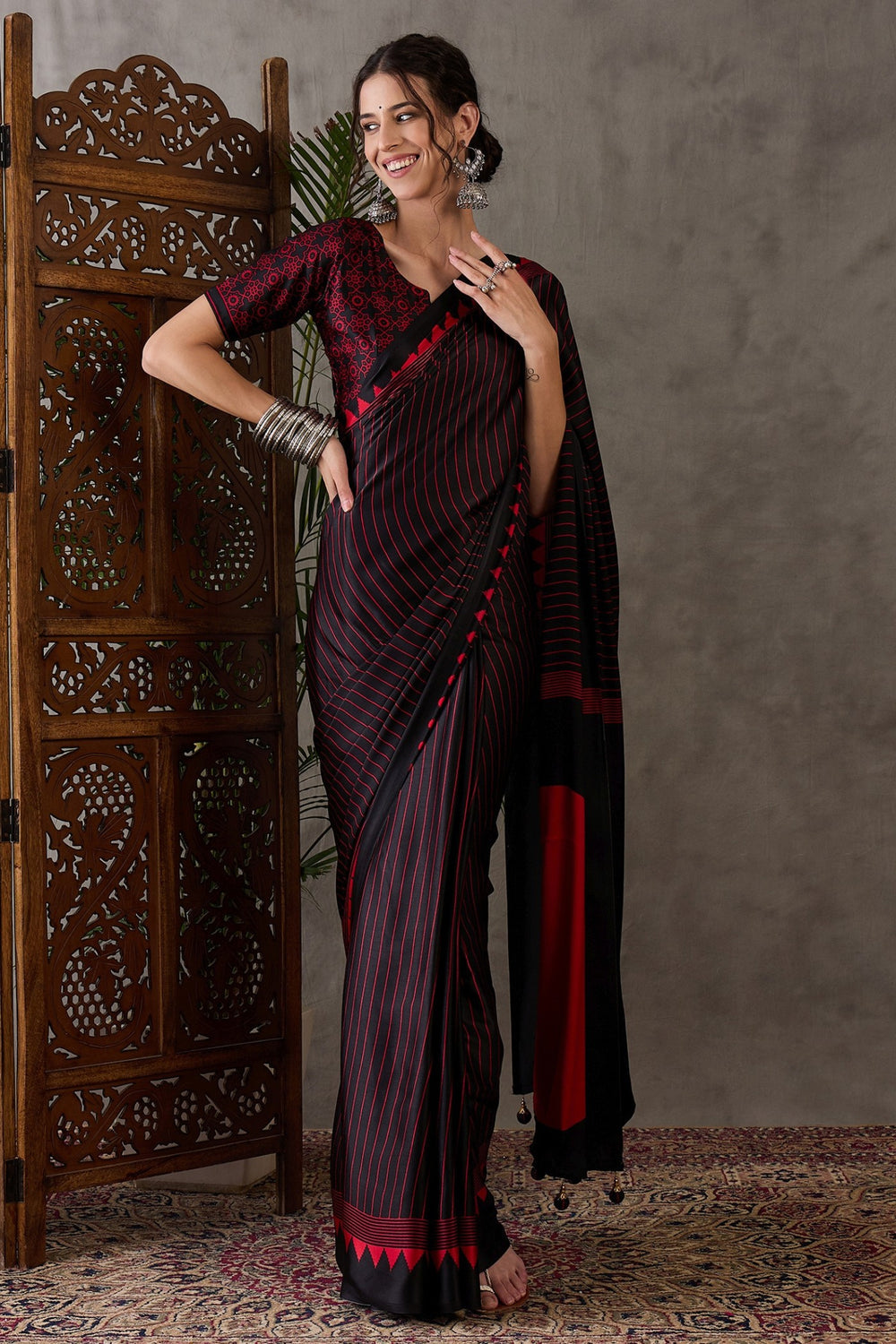 Black and Red Printed Satin Gaji Silk Saree