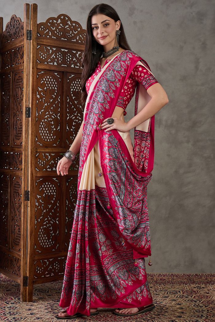 Cream and Red Pure Soft Modal Satin Ajrakh Print Satin Saree Japan Satin Saree Anant Tex Exports Pvt.Ltd..