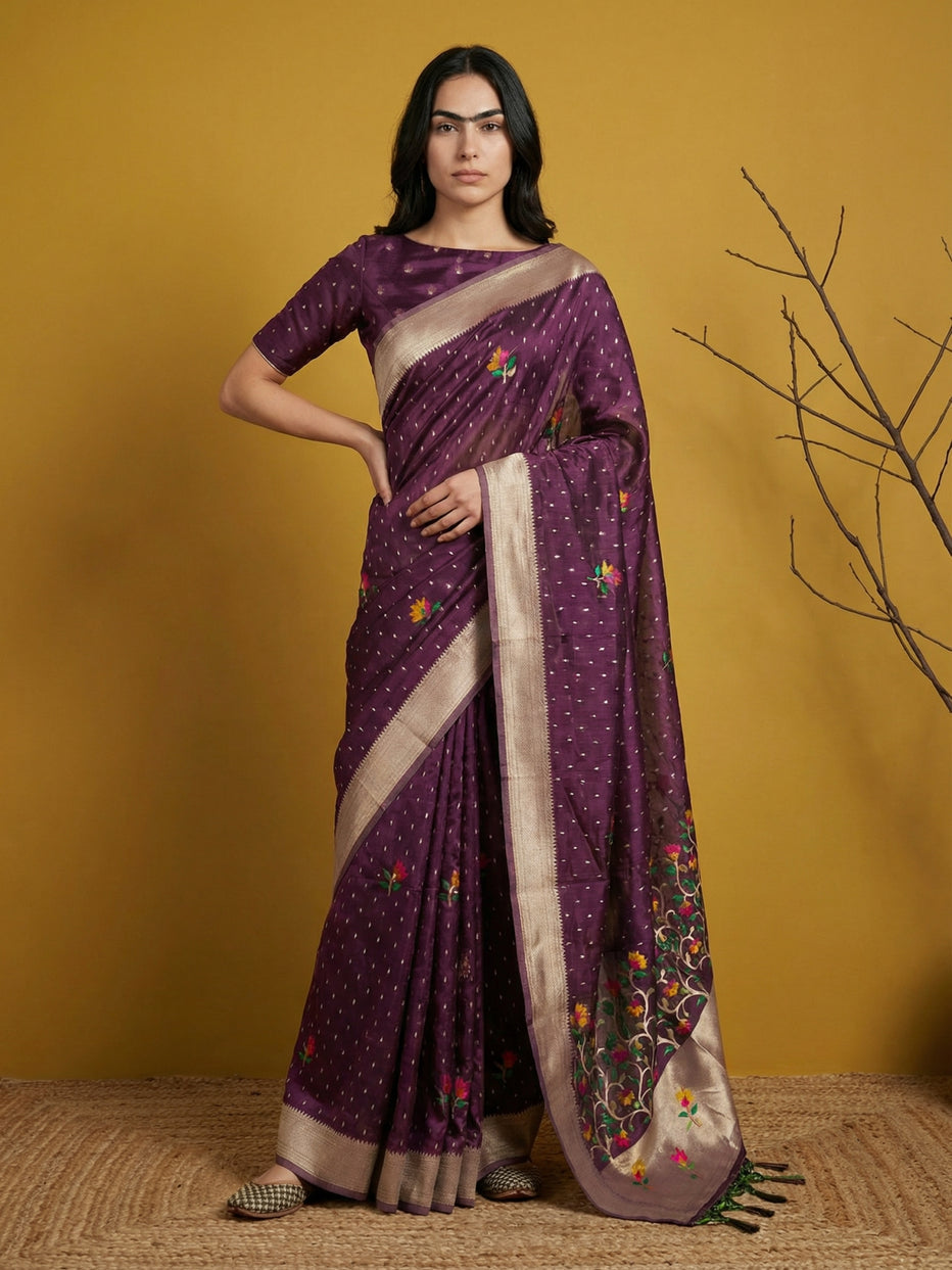 Wine Pure Organza Silk Meenakari Jamdani Zari Woven Organza Saree