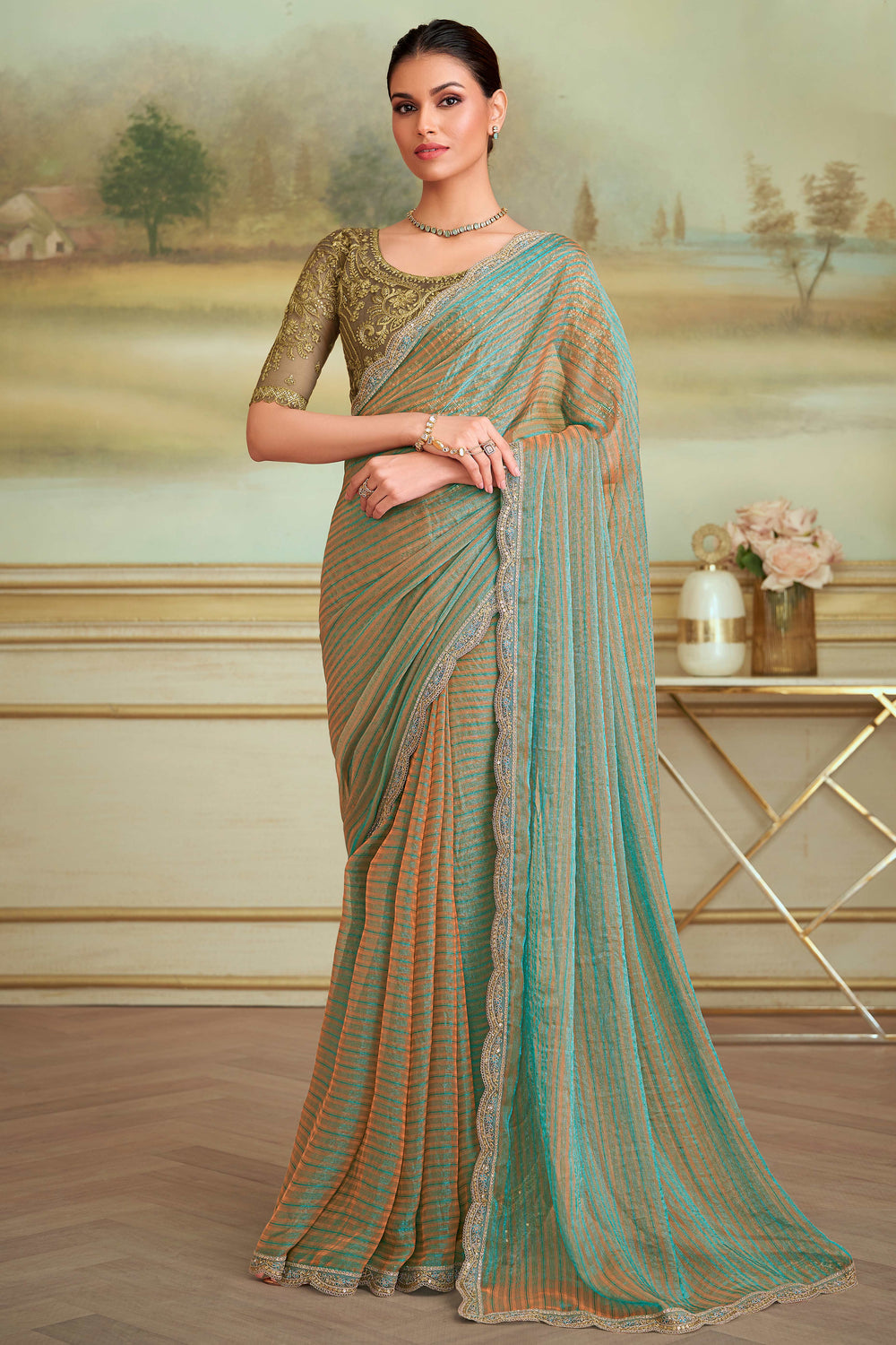 Charming Turquoise Pure Georgette Silk With Floral Sequins Saree