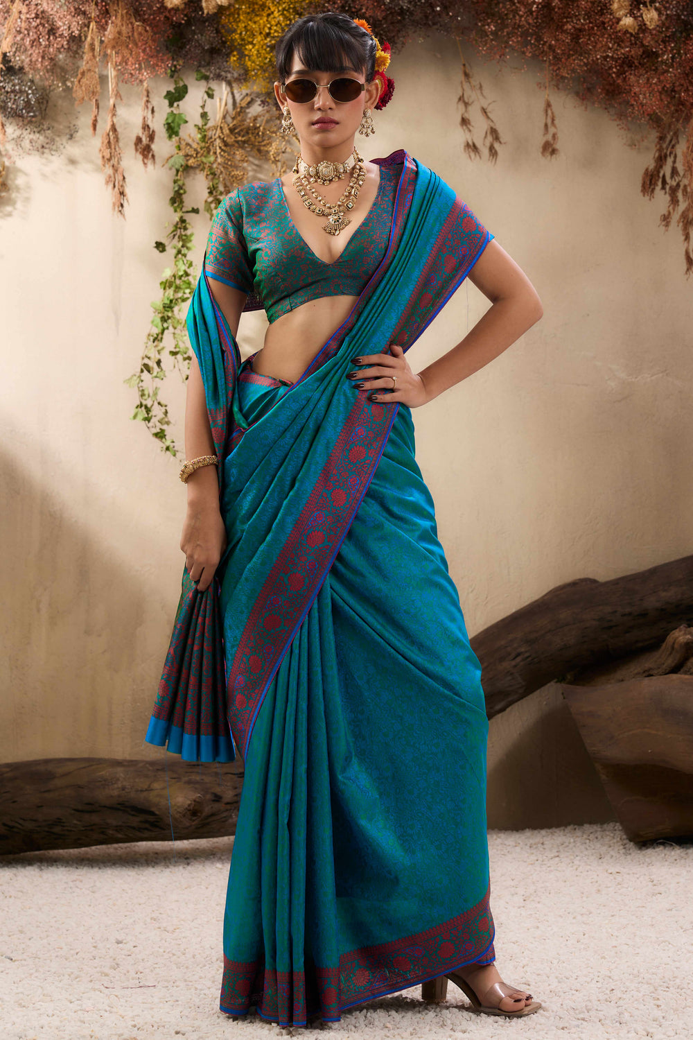 Teal Pure Silk Kanjivaram Handloom Banarasi Saree