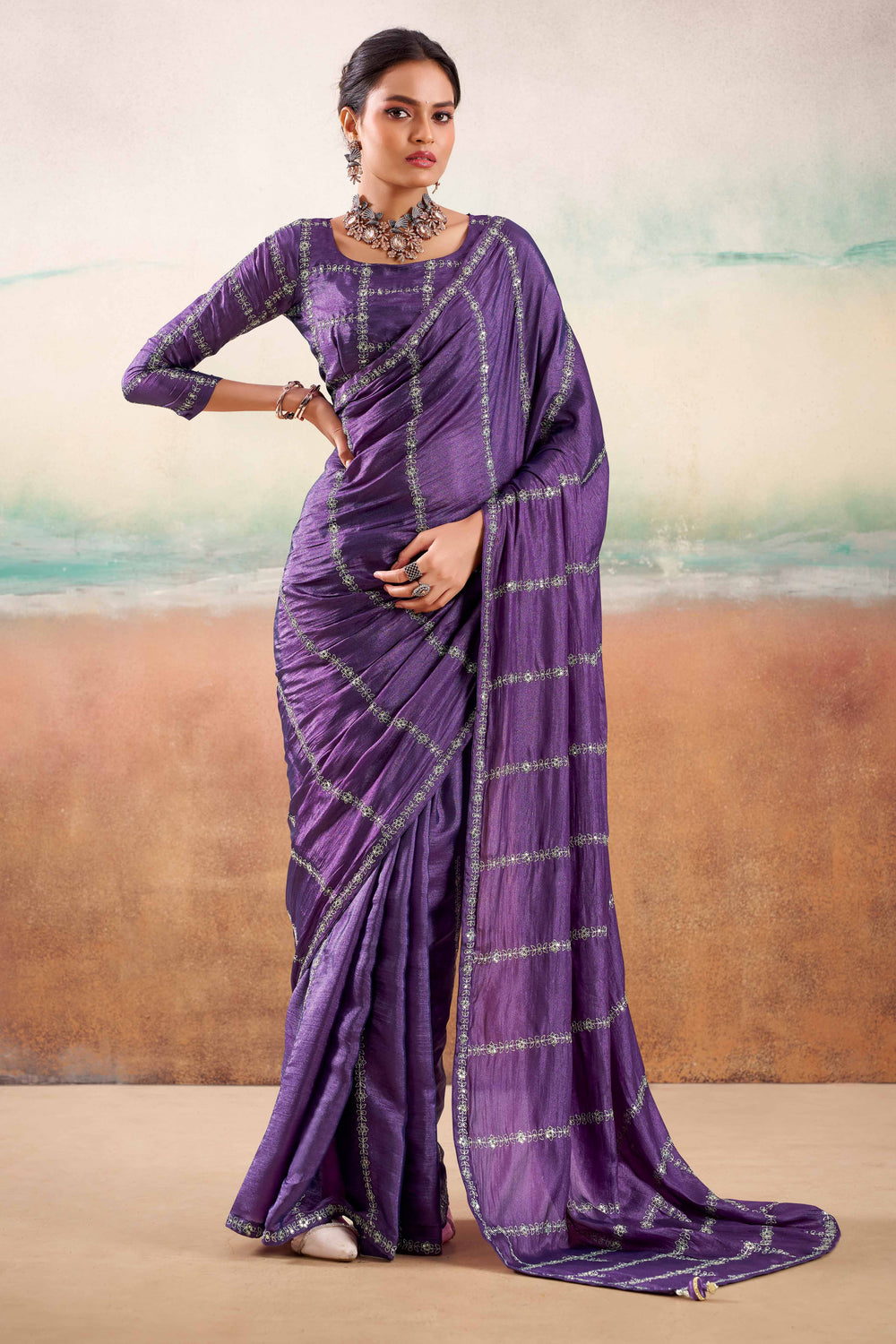 Royal Purple Two Tone Chiffon Saree