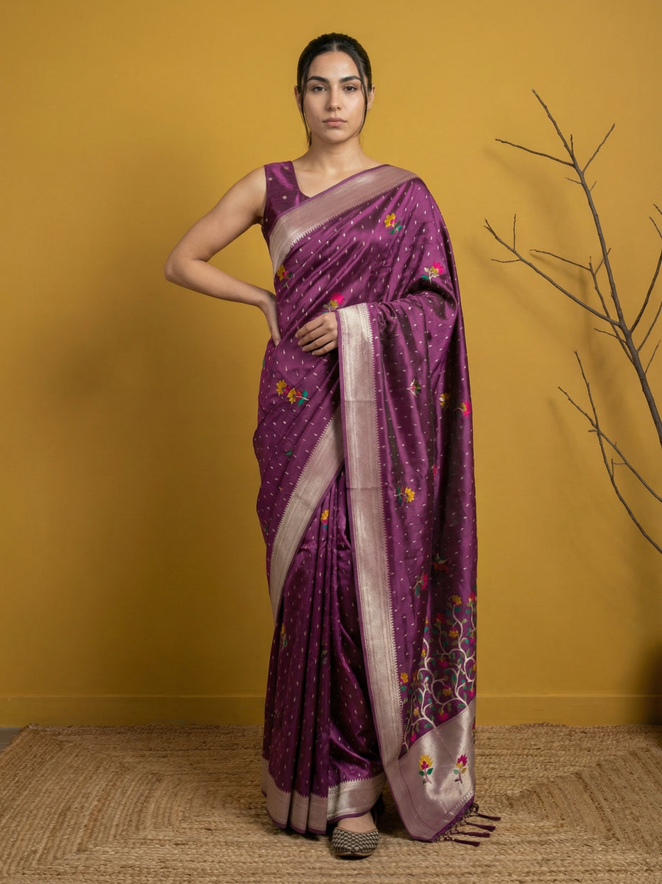 Purple Pure Organza Silk Meenakari Jamdani Zari Woven Organza Saree