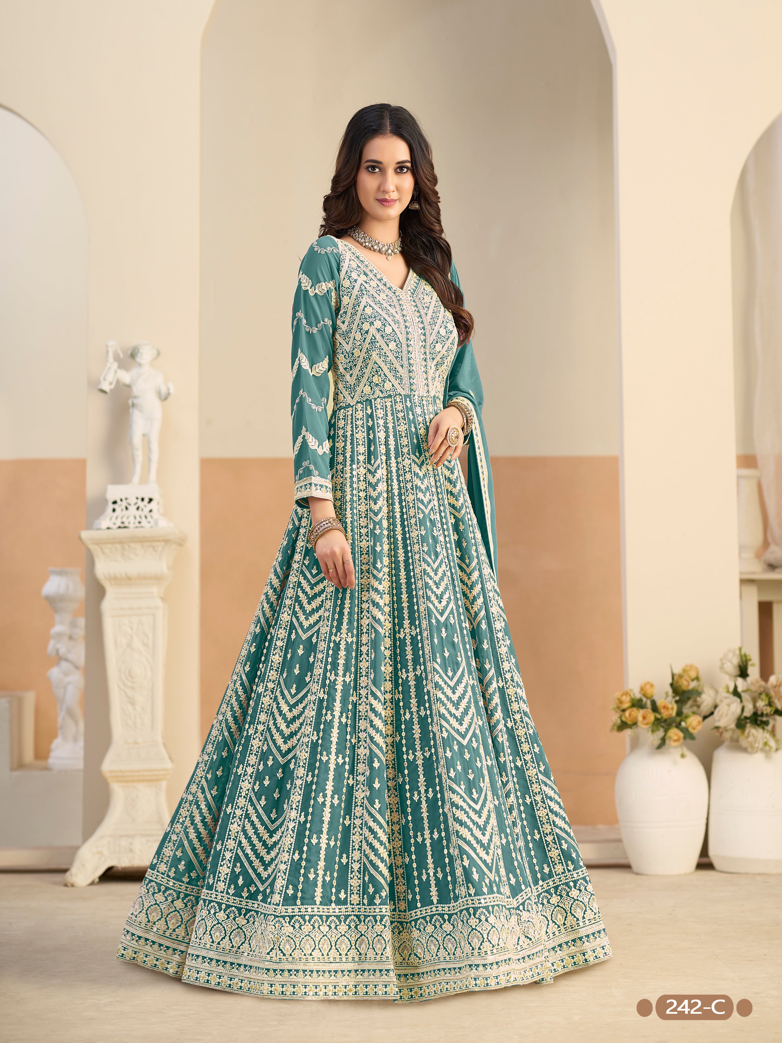 Pastle Teal Pure Soft Faux Georgette Heavy Embroidery Work Long Anarkali Gown