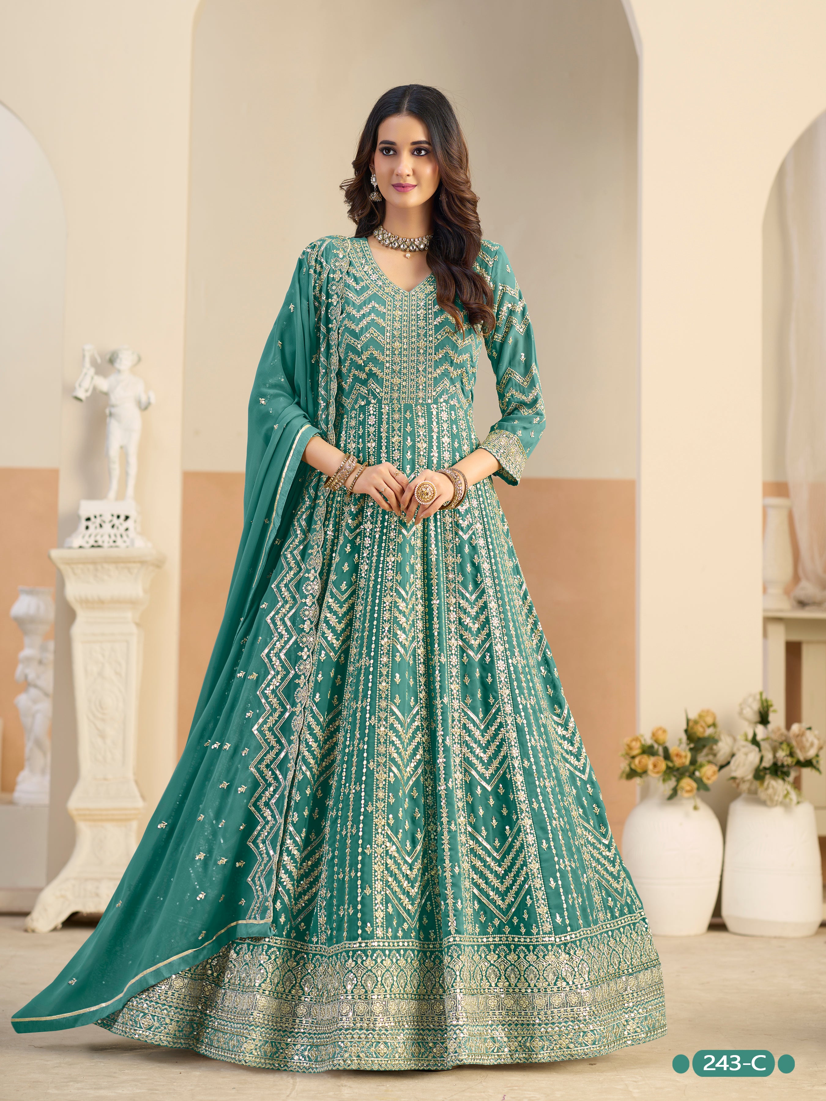 Pastle Teal Pure Soft Faux Georgette Heavy Embroidery Work Long Anarkali Gown