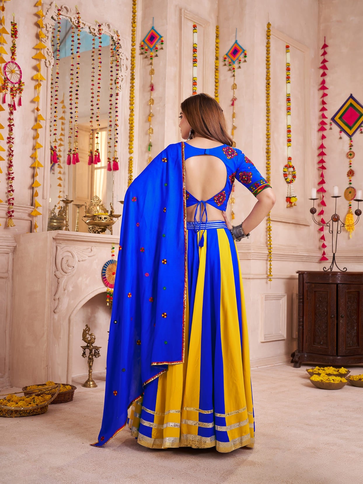 Blue Yellow Chaniya Choli for Navratri with Hand Mirror Blouse