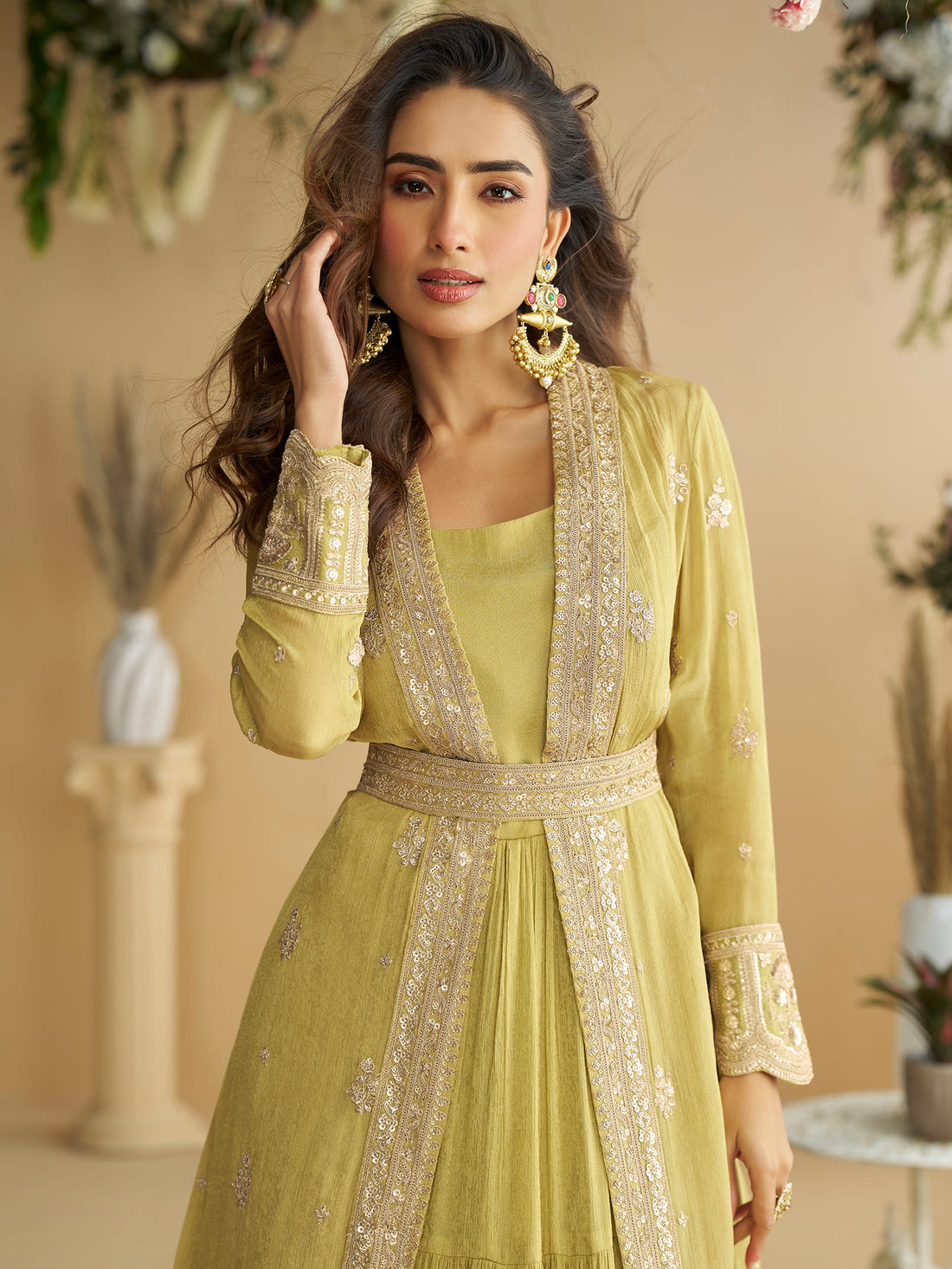 Olive Green Anarkali Gown in Chinon Silk with Designer Shrug