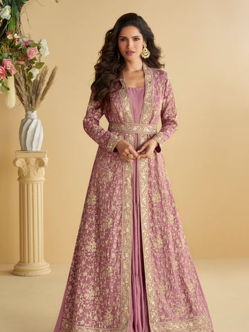 Designer Lavender Anarkali Gown in Premium Chinon Silk