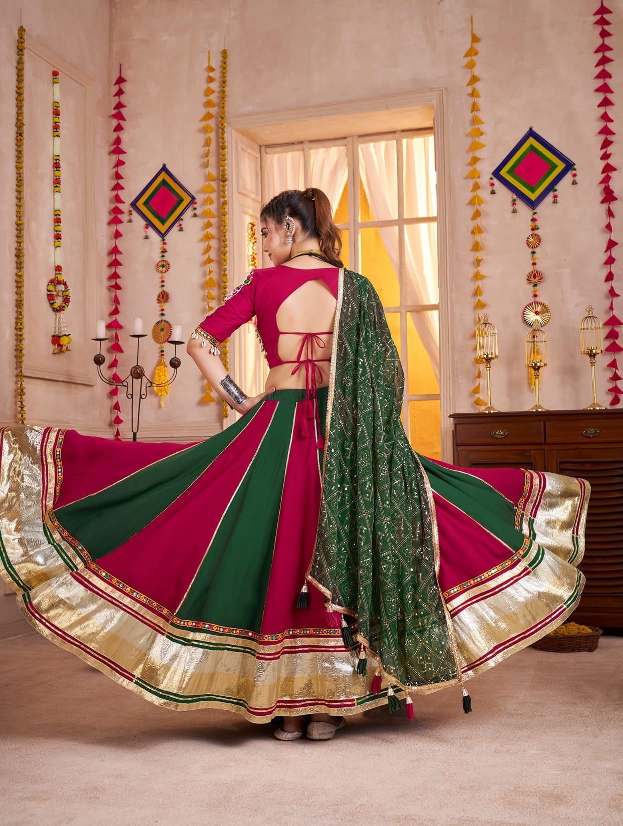 Green & Pink Contrast Navratri Chaniya Choli with Lampi Border