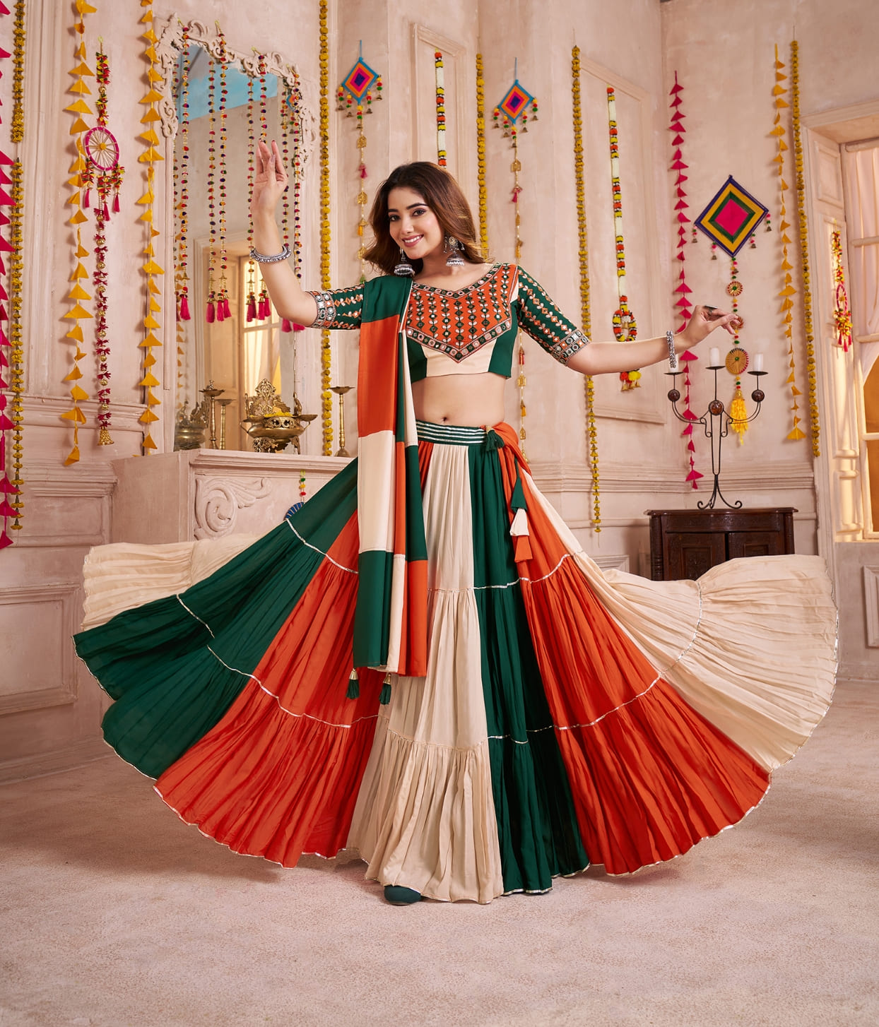 Multicolor Navratri Cotton Lehenga Choli with Mirror Work Dupatta