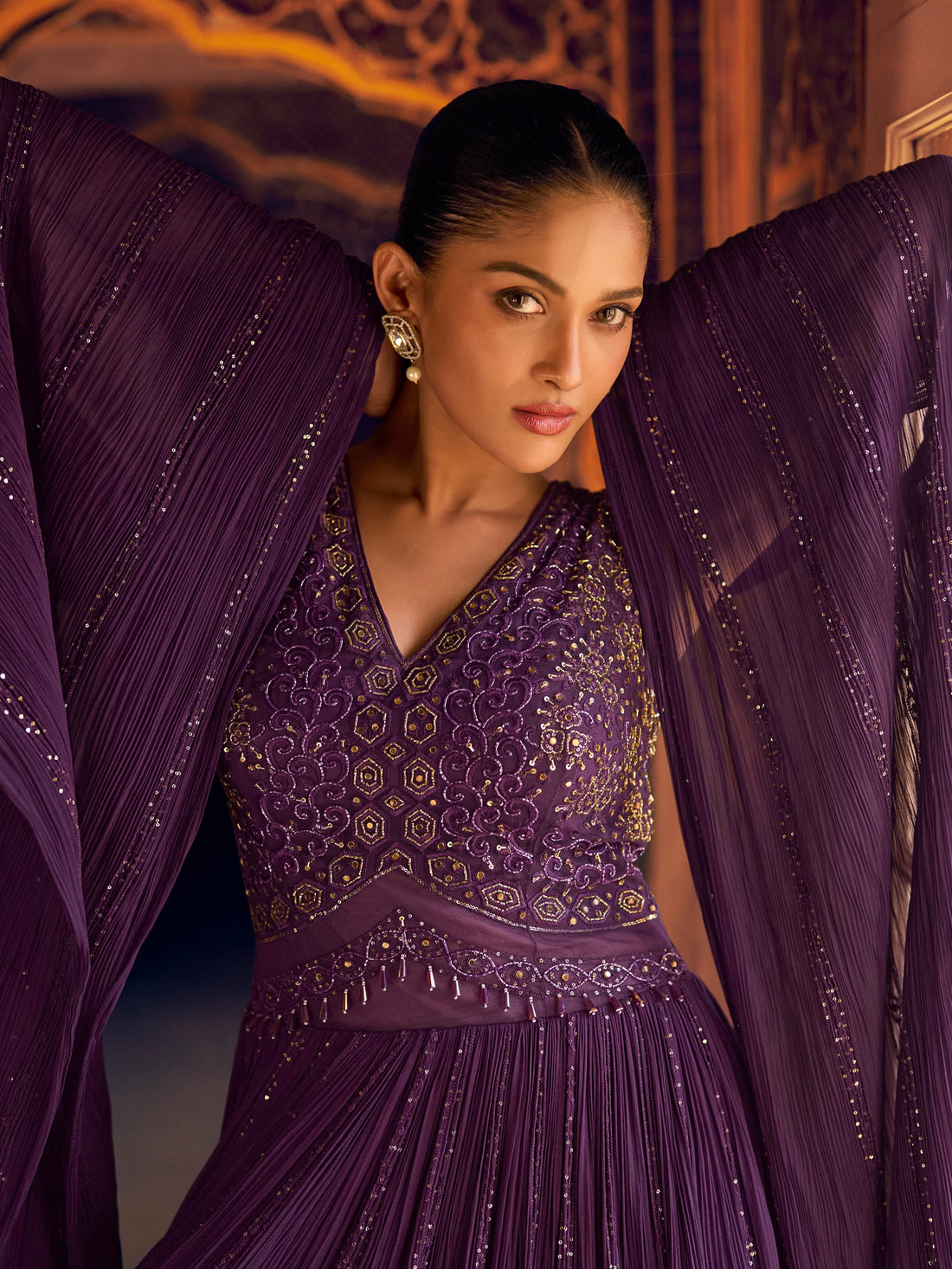 Purple Real Georgette Embroidered Anarkali Gown with Dupatta