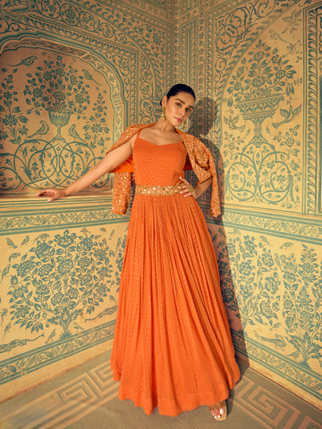 Orange Jacquard Silk Embroidered Anarkali Gown with Dupatta