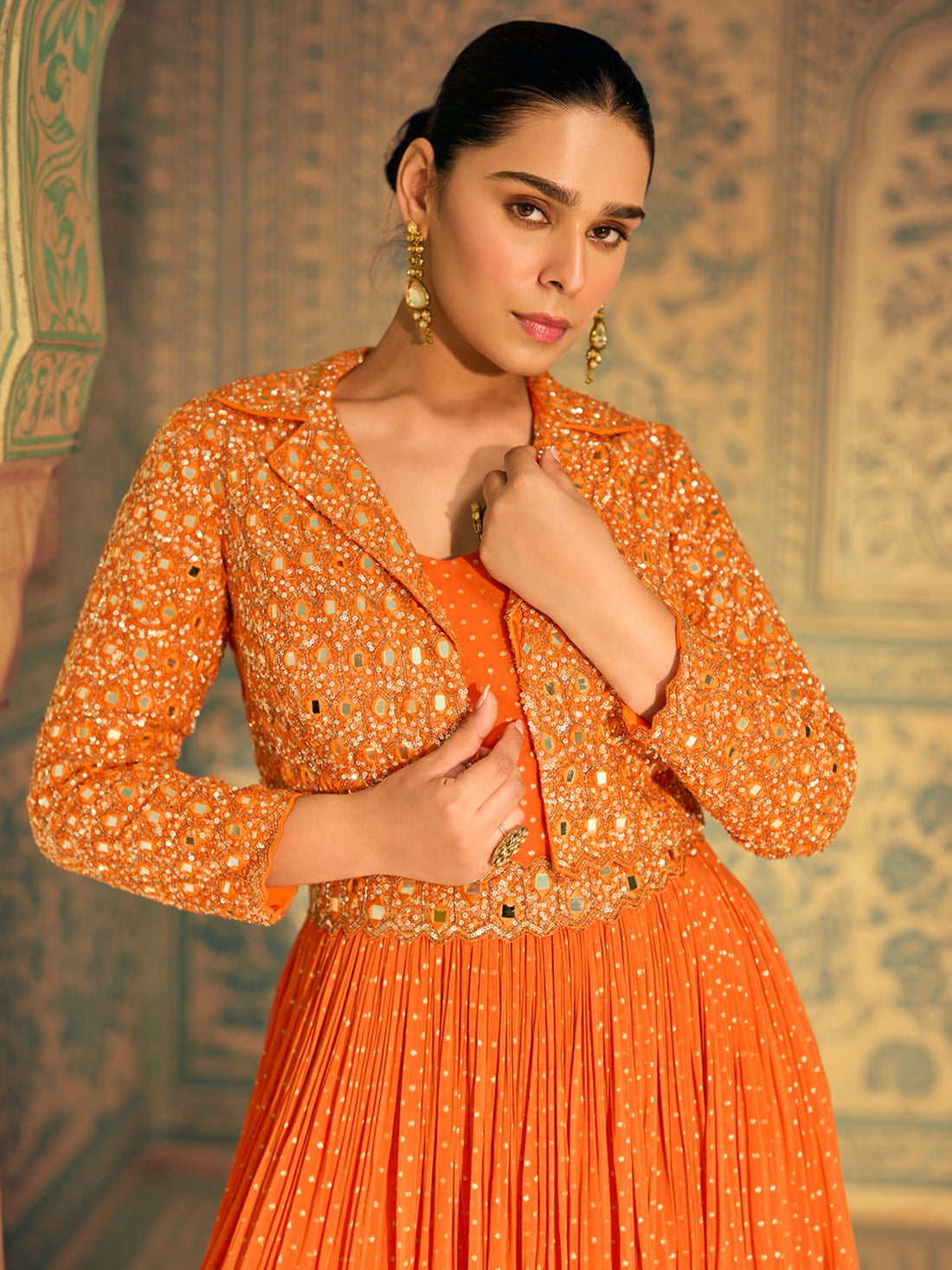 Orange Jacquard Silk Embroidered Anarkali Gown with Dupatta