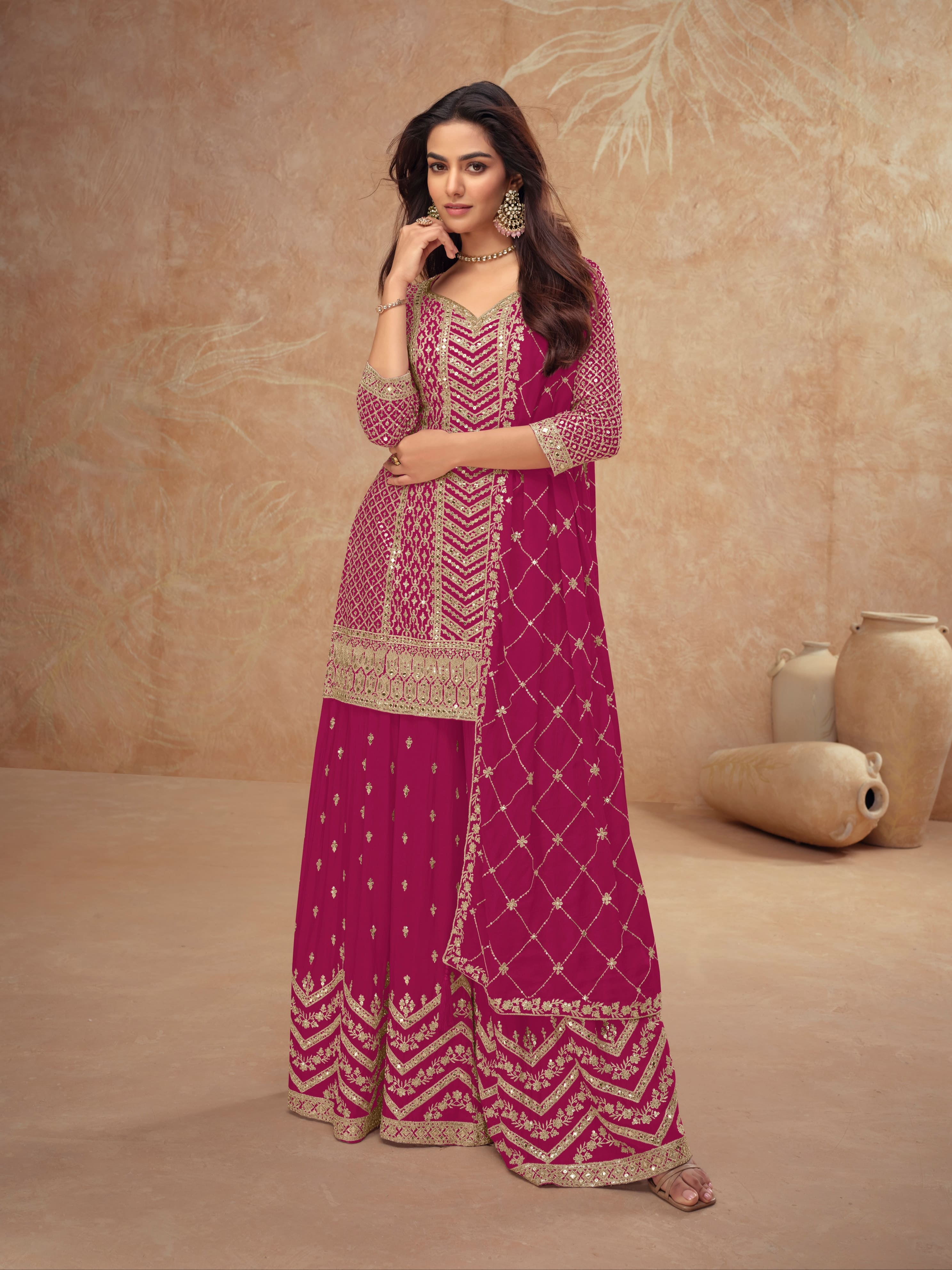 Real Chinon Embroidered Palazzo Suit with Dupatta