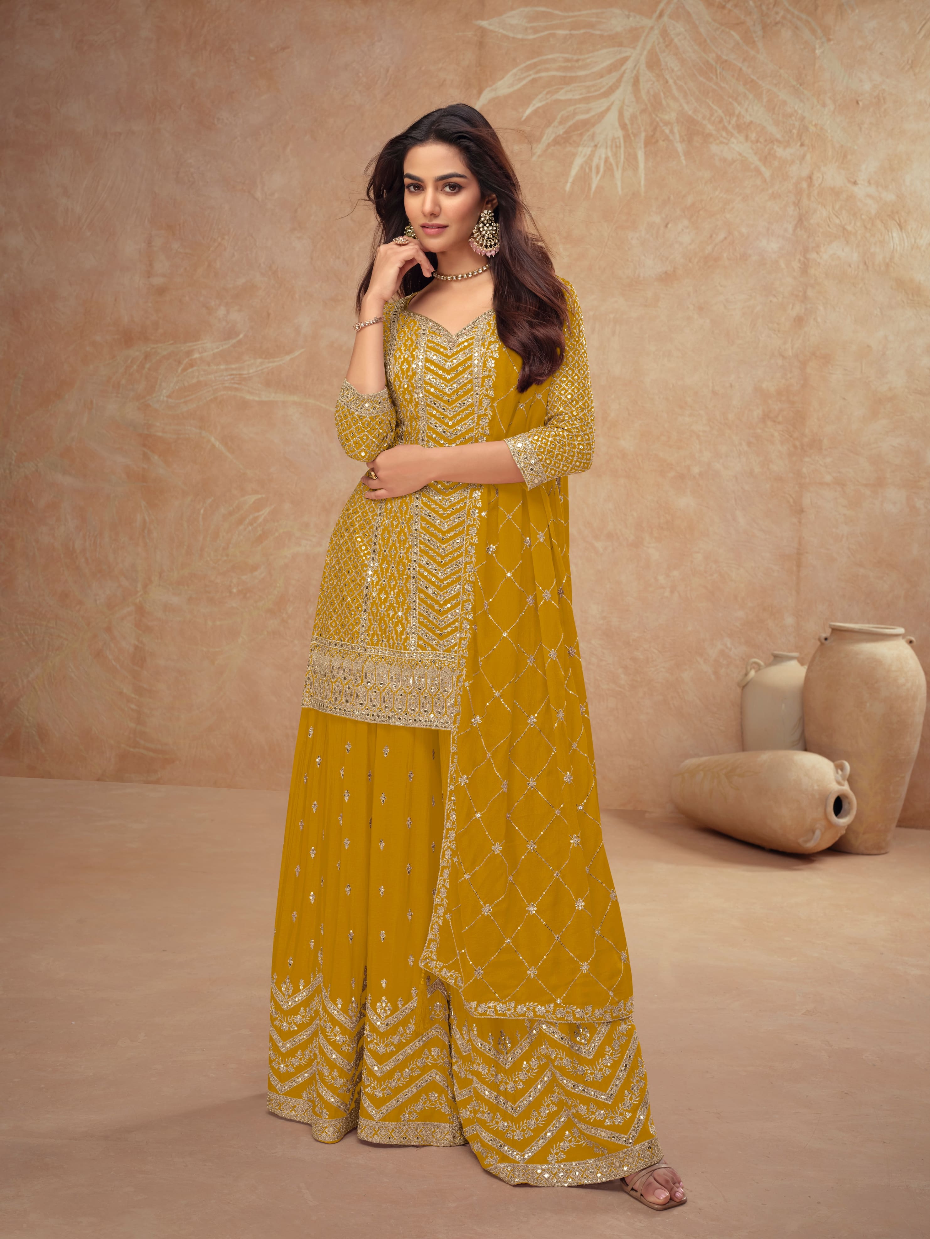 Real Chinon Embroidered Palazzo Suit with Dupatta