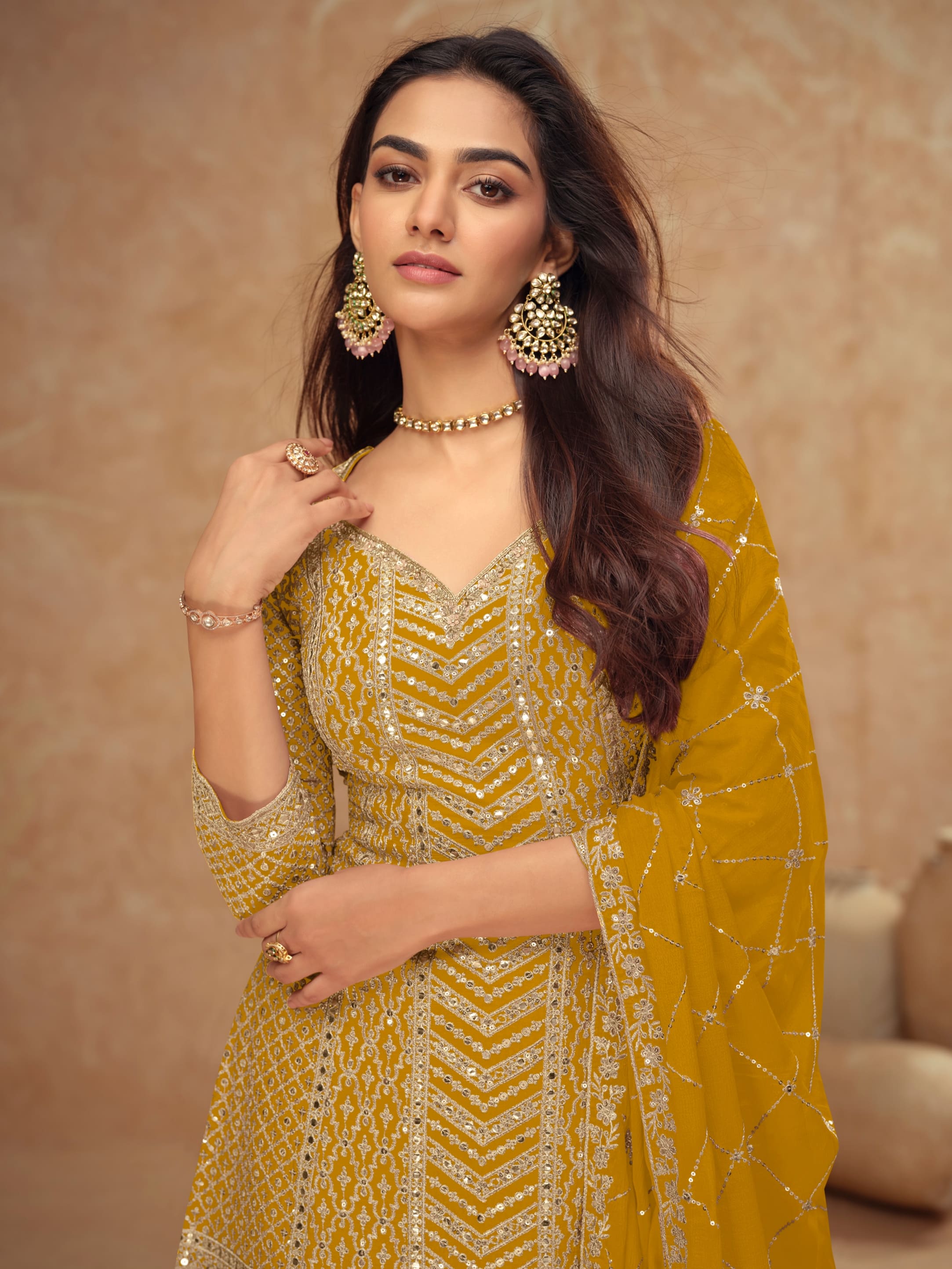 Real Chinon Embroidered Palazzo Suit with Dupatta