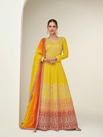 Yellow Ombre Georgette Embroidered Anarkali Suit with Dupatta
