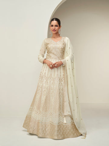Cream Georgette Embroidered Anarkali Suit with Dupatta