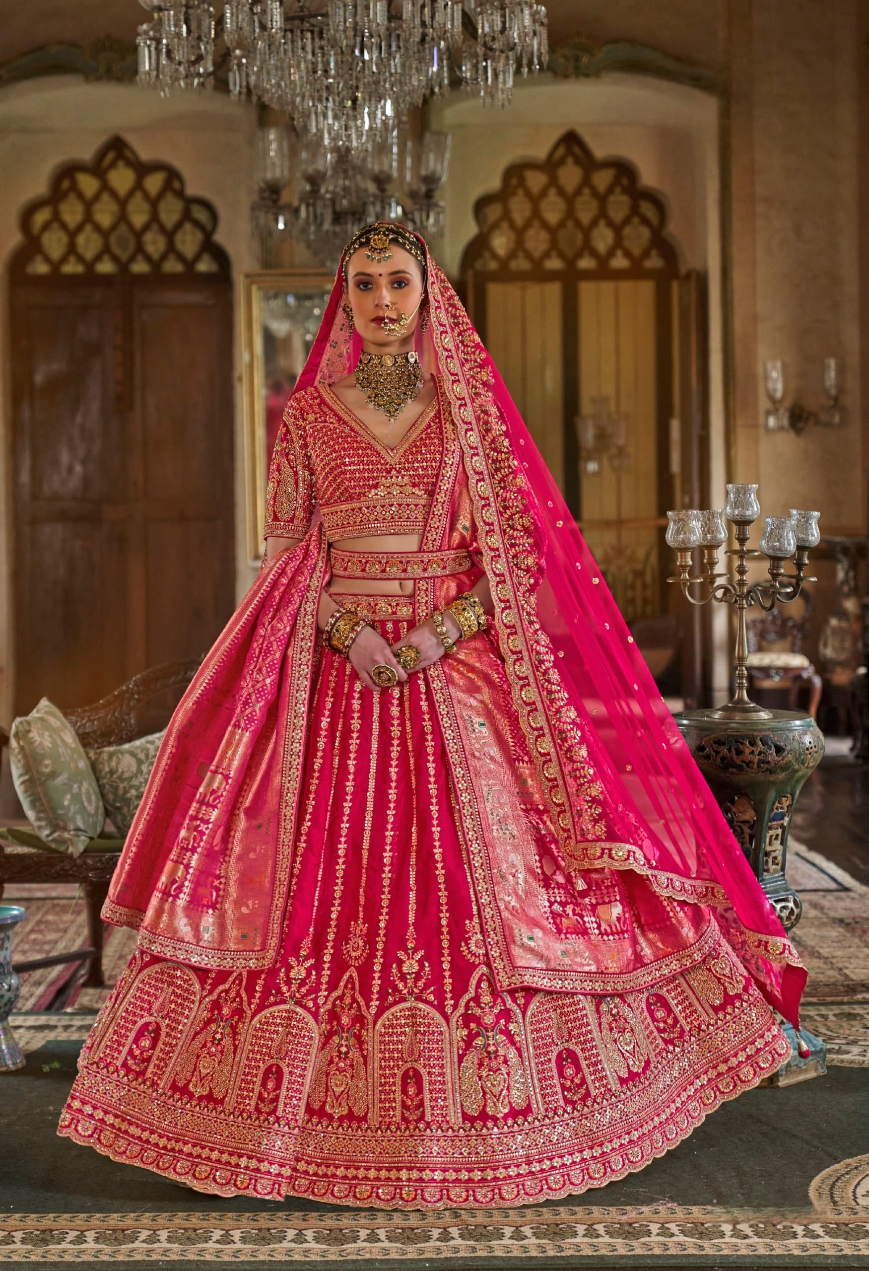 Pink bridal lehenga with Banarasi dupatta and embroidery