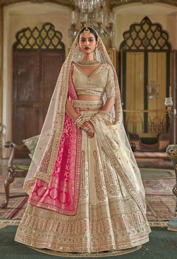 Cream Silk Bridal Lehenga with Pink Banarasi Dupatta for Wedding