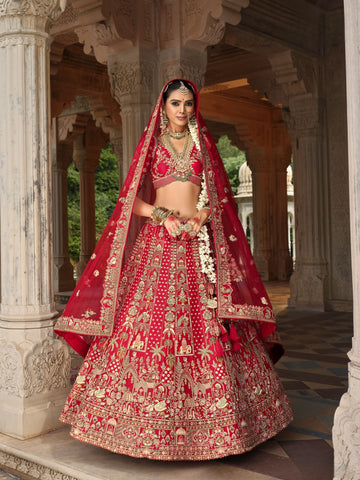 Regal Red Bridal Lehenga with Temple Motifs and Zari Embroidery